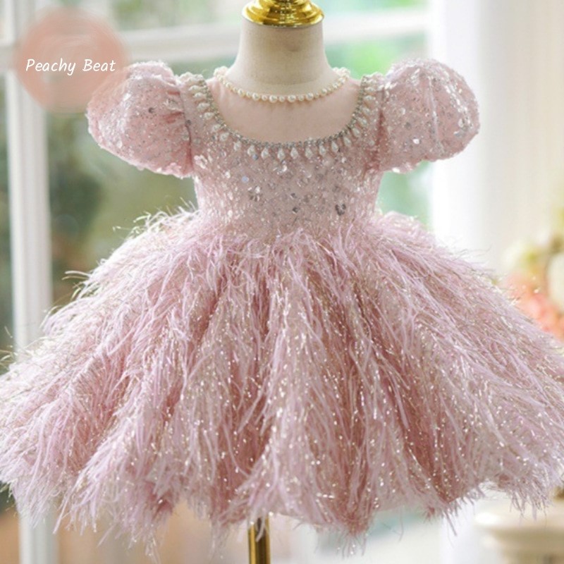 Baby Clothing Girls - แฟชั่นเด็กสาวเจ้าหญิงSequins FeatherชุดPuffyแขนเด็กวัยหัดเดินเด็กPearl Vestido Partyวันเกิดเสื้อผ้าเด็ก 2-14Y