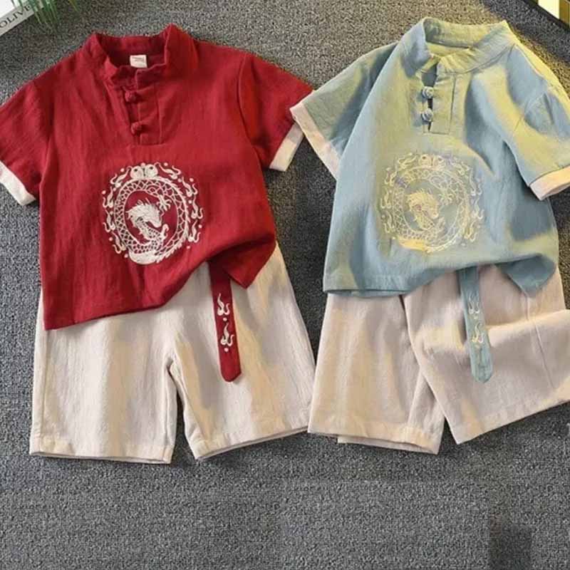 Baby Clothing Embroidery - เสื้อผ้าเด็กแบบดั้งเดิมแขนสั้นกางเกงขาสั้นชุดผ้าฝ้ายผ้าลินินปักลายมังกรน่ารักเด็กเสื้อผ้าไทชิเด็กชายฮันฟู