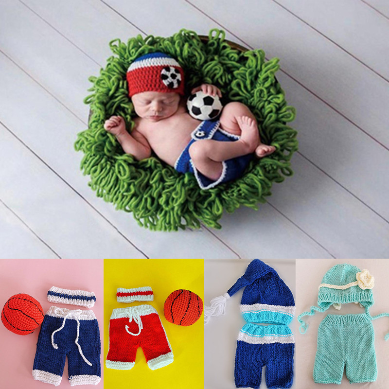 Baby Clothing Set - 3/2 Pcs/ชุดทารกแรกเกิดการถ่ายภาพ Props เครื่องแต่งกายถักโครเชต์เด็กถักหมวกกางเกงชุดฟุตบอลเด็กถ่ายภาพเสื้อผ้า0-3เดือน